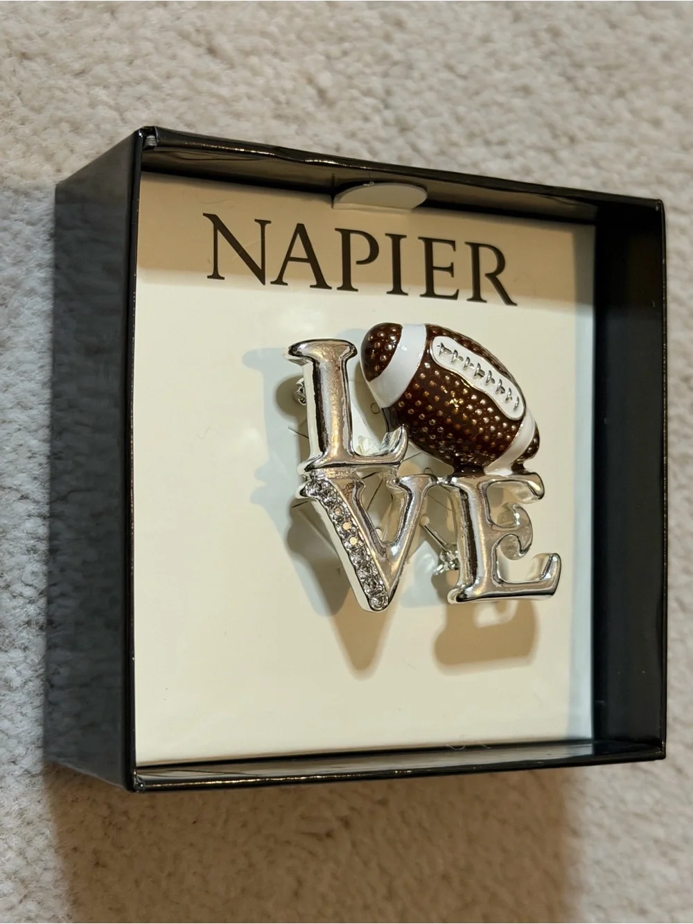 Napier Silver LOVE Pin with Brown Football Accent